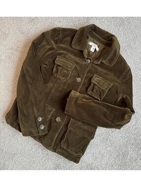 LOFT Dark Olive Velvet Quilted Button-Up Jacket SP